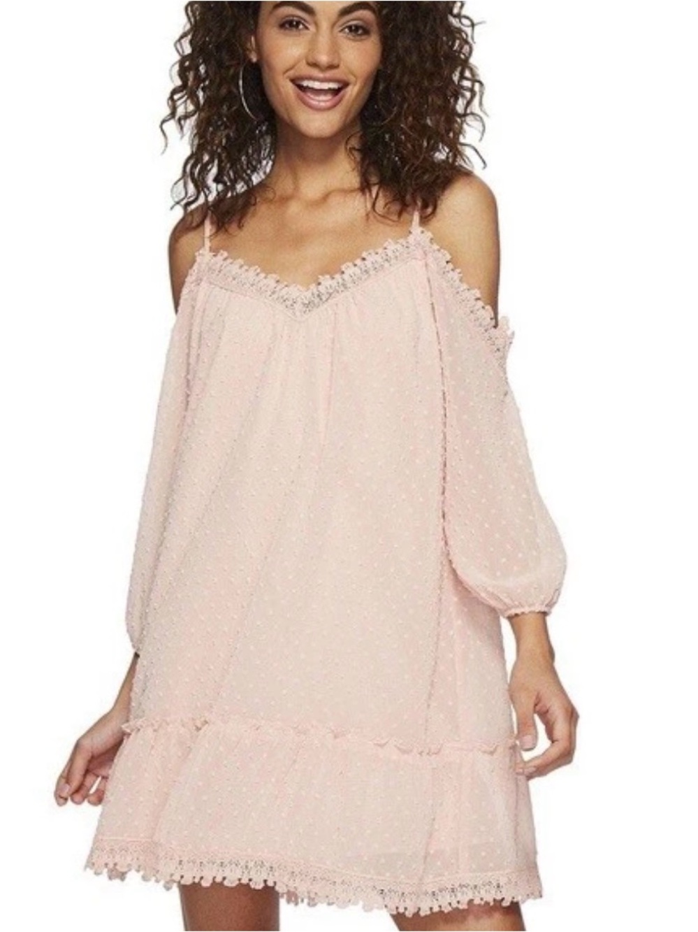 BB Dakota Light Pink Cold-Shoulder Swiss Dot Dress